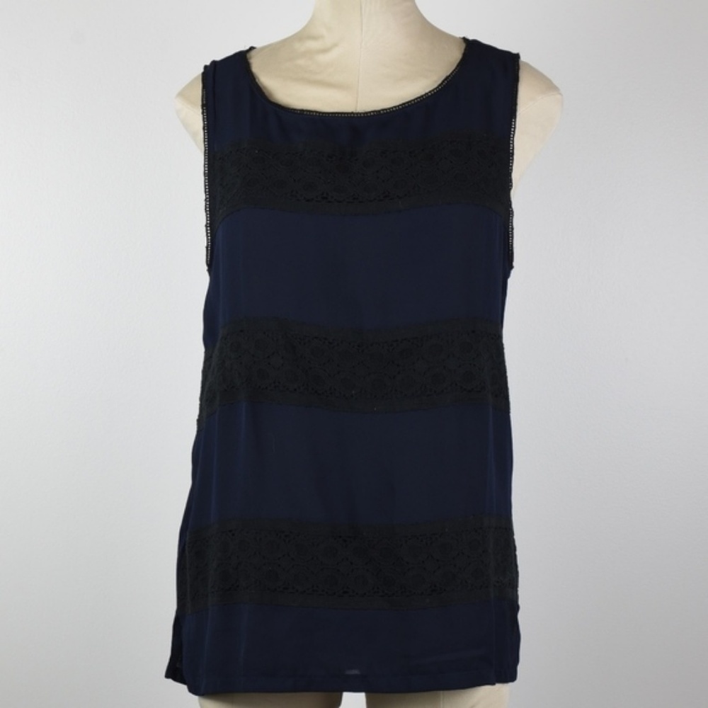 Loft Ann Taylor Navy Top Black Lace Stripe L  NWT